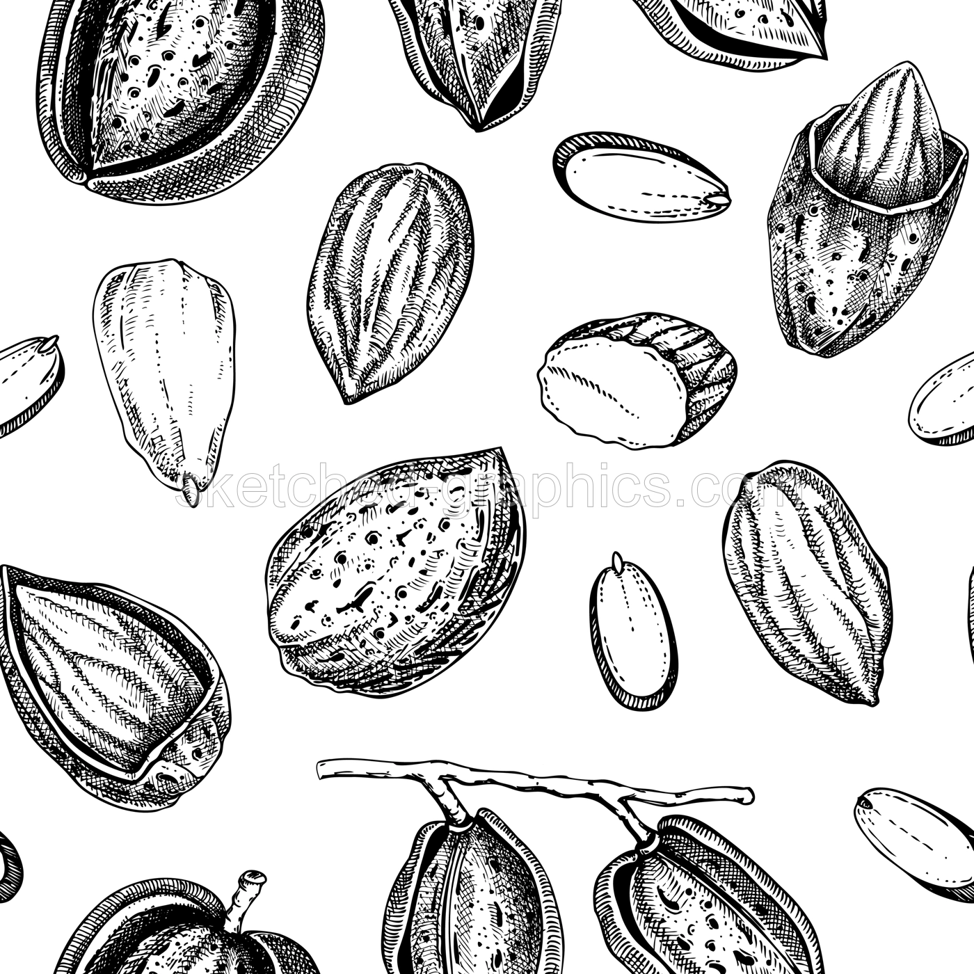 Almond sketched background. Nuts seamless pattern. Vintage branches with nuts, nutshells, almond slices sketches. Hand drawn vector illustration. Healthy food, vegan ingredients, packaging design Illustration